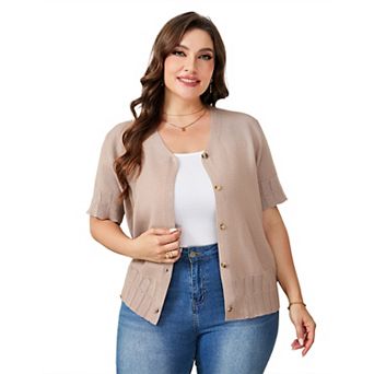 Women's Plus Size V-Neck Short Sleeve Knit Cardigan Single Breasted Scalloped Edge Sweater