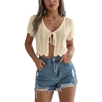 Women's Summer Crochet Hollow Out Sweater Knit Crop Cardigan Short Sleeve Tie Front Casual Top Shirt