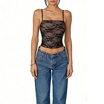 Women Sheer Floral Lace Spaghetti Strap Cami Top Square Neck Slim Fit Cropped Blouse