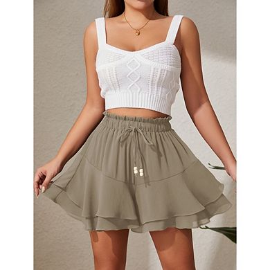 Women's A Line Ruffle Layered Skirts Elastic High Waisted Flowy Casual Drawstring Mini Skirt