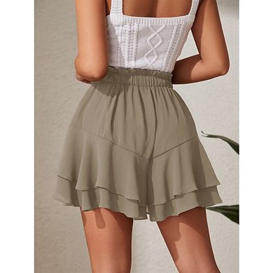 Women's A Line Ruffle Layered Skirts Elastic High Waisted Flowy Casual Drawstring Mini Skirt