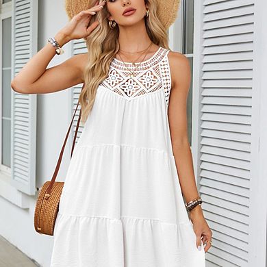 Women's Halter Neck Lace Panel Tiered Mini Dress Sleeveless Swing Dress