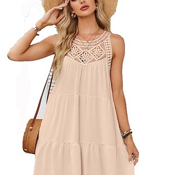 Women's Halter Neck Lace Panel Tiered Mini Dress Sleeveless Swing Dress