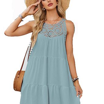 Women's Halter Neck Lace Panel Tiered Mini Dress Sleeveless Swing Dress