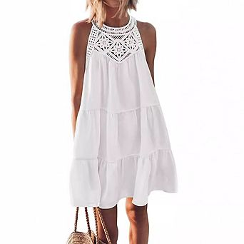 Women's Halter Neck Lace Panel Tiered Mini Dress Sleeveless Swing Dress