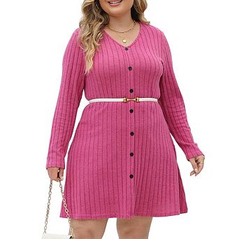 Women's V-Neck Ribbed Knit Button Down Mini Dress Belted Casual Dress