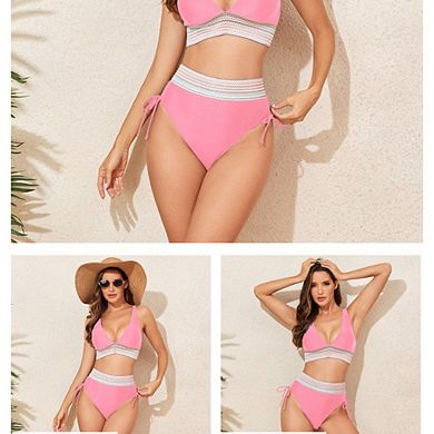 High Waisted Two Piece Bikini Set, Color Block Push Up Swimsuit with Side Tie