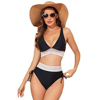 High Waisted Two Piece Bikini Set, Color Block Push Up Swimsuit with Side Tie
