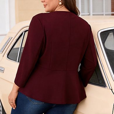 Women Plus Size 3/4 Sleeve Peplum Blazer Single Button Open Front Casual Work Blazer Jacket