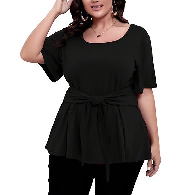 Women's Plus Size Short Sleeve Self Tie Belt Boho Shirt Crew Neck Summer Casual Top Soft Blouse