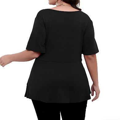 Women's Plus Size Short Sleeve Self Tie Belt Boho Shirt Crew Neck Summer Casual Top Soft Blouse