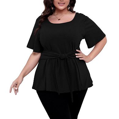Women's Plus Size Short Sleeve Self Tie Belt Boho Shirt Crew Neck Summer Casual Top Soft Blouse