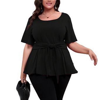Women's Plus Size Short Sleeve Self Tie Belt Boho Shirt Crew Neck Summer Casual Top Soft Blouse
