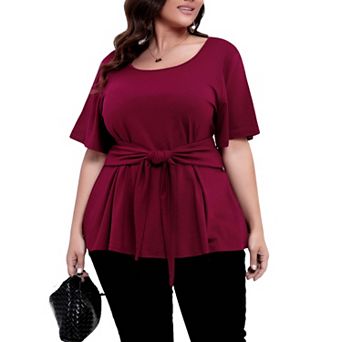 Women's Plus Size Short Sleeve Self Tie Belt Boho Shirt Crew Neck Summer Casual Top Soft Blouse
