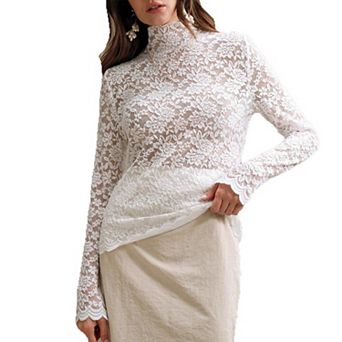 Women's Floral Lace Sheer Turtleneck Boho Top Long Sleeve Summer Shirt Soft Casual Slim Fit Blouse