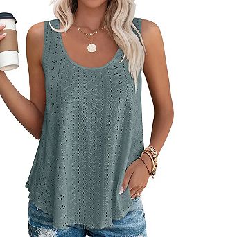 Womens Tank Tops Sleeveless Eyelet Embroidery Scoop Neck Loose Fit Casual Summer Flowy