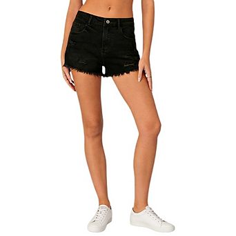 Women's Mid Rise Distressed Denim Shorts with Frayed Hem