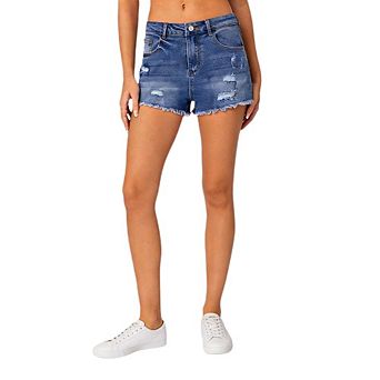Women's Mid Rise Distressed Denim Shorts with Frayed Hem