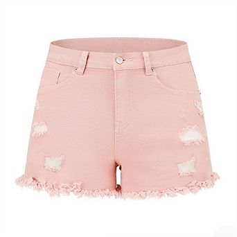 Women's Mid Rise Distressed Denim Shorts with Frayed Hem
