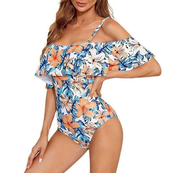 off the shoulder ruffle swim dress kate spade New york Ruffle Off-The-Shoulder One Piece Swimsuit, Womens, L, Black