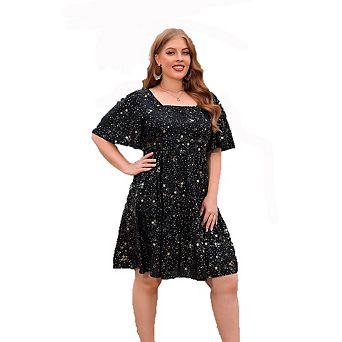 Women's Square Neck Short Sleeve Star Print Tiered Mini Dress Casual Cute Dress