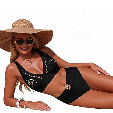 Women's Solid Color High Waist Bikini, Cutout Detail 2 Piece Swimwear with Spiral Accent