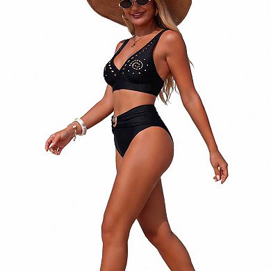 Women's Solid Color High Waist Bikini, Cutout Detail 2 Piece Swimwear with Spiral Accent