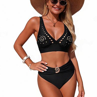 Women's Solid Color High Waist Bikini, Cutout Detail 2 Piece Swimwear with Spiral Accent