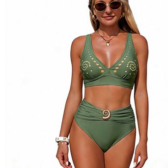 Women's Solid Color High Waist Bikini, Cutout Detail 2 pc Swimwear with Spiral Accent