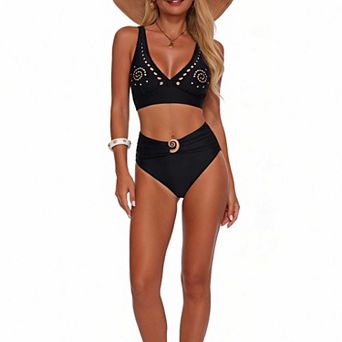 Women's Solid Color High Waist Bikini, Cutout Detail 2 pc Swimwear with Spiral Accent