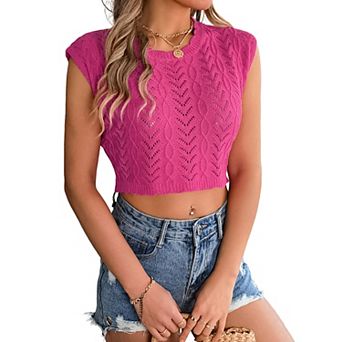 Women's Summer Hollow Out Knit Crop Casual Top Sleeveless Sweater Shirt Crew Neck Openwork Blouse