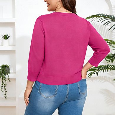 Women Plus Size 3/4 Sleeve Button Front Cardigan Sweater Soft Knit Casual Top