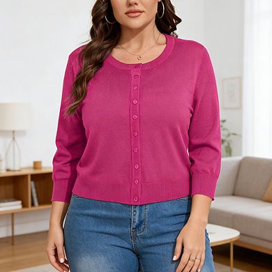 Women Plus Size 3/4 Sleeve Button Front Cardigan Sweater Soft Knit Casual Top