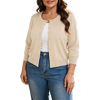 Women Plus Size 3/4 Sleeve Button Front Cardigan Sweater Soft Knit Casual Top