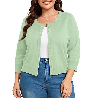 Women Plus Size 3/4 Sleeve Button Front Cardigan Sweater Soft Knit Casual Top