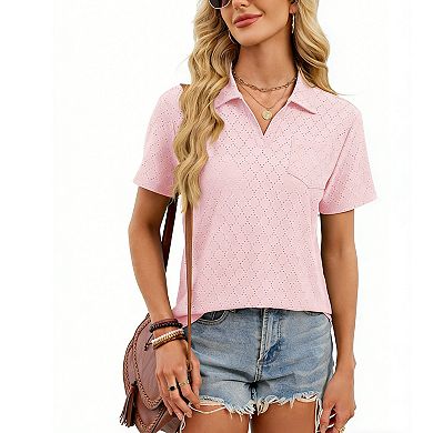 Women's Eyelet Polo Blouse Collared V-Neck Pocket Top