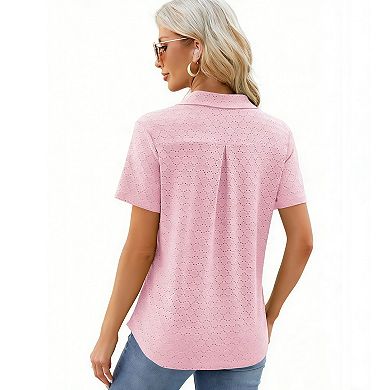 Women's Eyelet Polo Blouse Collared V-Neck Pocket Top
