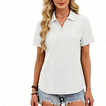 Women's Eyelet Polo Blouse Collared V-Neck Pocket Top