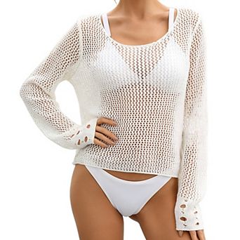 Women's Cover Up Long Sleeve Hollow Out Knit Beach Swimsuit Coverup for Summer Vacation