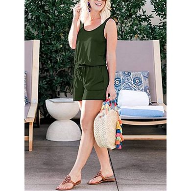 Womens Solid Color Short Jumpsuits Casual Scoop Neck Sleeveless Romper