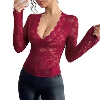 Women's Floral Lace Flare Long Sleeve Sheer Boho Top Deep V Neck Slim Fit Blouse Summer Casual Top