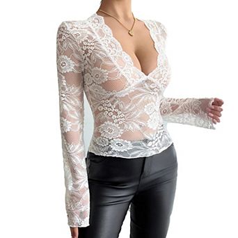 Women's Floral Lace Flare Long Sleeve Sheer Boho Top Deep V Neck Slim Fit Blouse Summer Casual Top