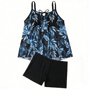 Plus Size Women's Tropical Print Tankini Set - Flowy Mesh Overlay Two Piece Swimsuit with Boyshort