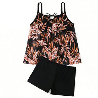 Plus Size Women's Tropical Print Tankini Set - Flowy Mesh Overlay Two Piece Swimsuit with Boyshort