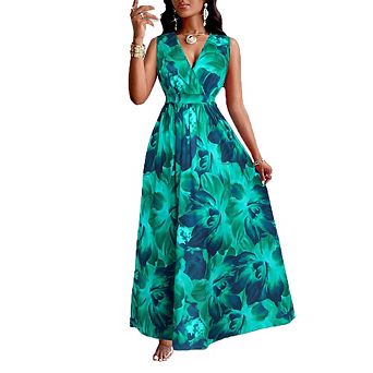 Women's V-Neck Sleeveless Belted Floral Print Wide Leg Maxi Dress Jumpsuit Dress