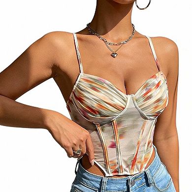 Women's Printed Spaghetti Strap Bustier Top, Boned Corset Style Casual Crop Top