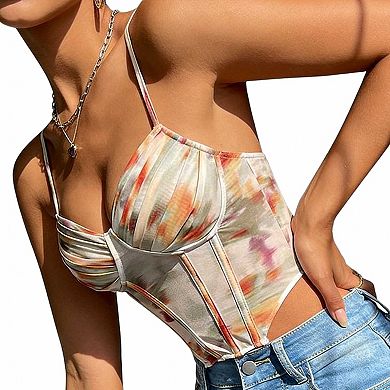 Women's Printed Spaghetti Strap Bustier Top, Boned Corset Style Casual Crop Top