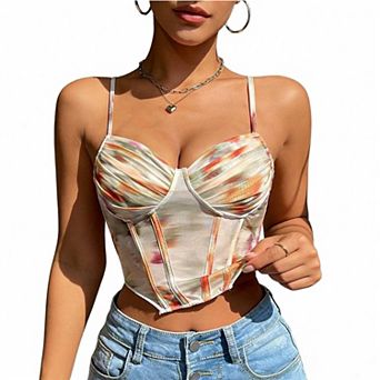 Women's Printed Spaghetti Strap Bustier Top, Boned Corset Style Casual Crop Top