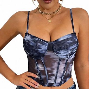 Women's Printed Spaghetti Strap Bustier Top, Boned Corset Style Casual Crop Top