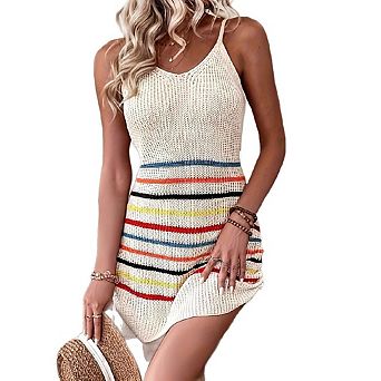 Women's Striped Sleeveless Camisole Knit Dresses Color Block Tie Casual Beach Dress